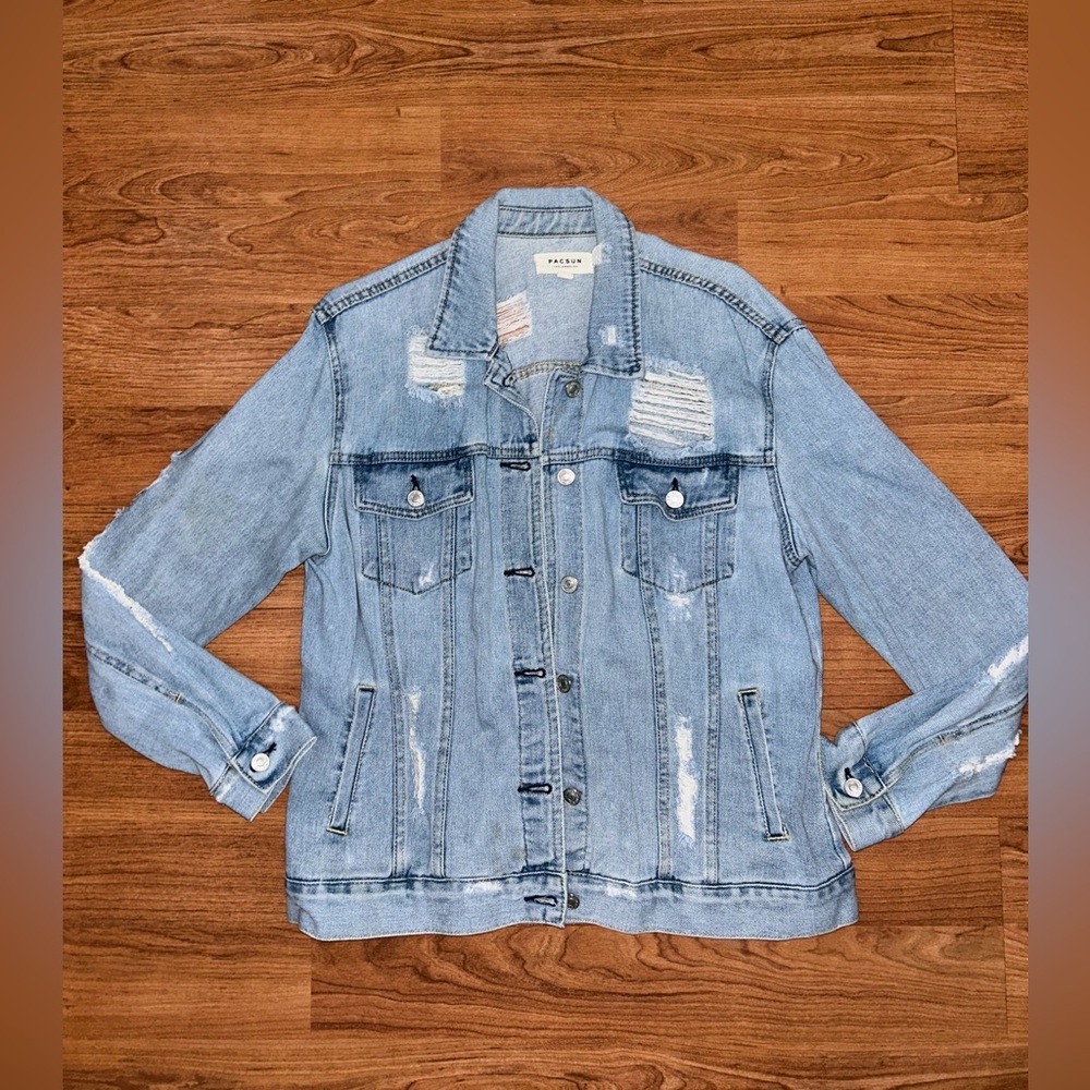 Pacsun Denim Jacket Womens Large Blue Light Wash Shredded & Distressed Trucker